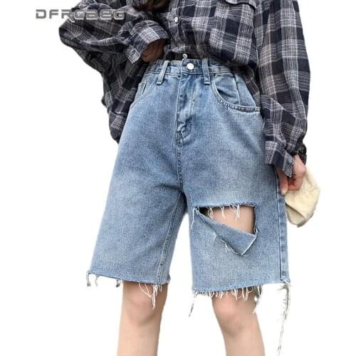 BF Loose Ripped Hole Vintage Short Jeans 2020 High Waist Knee Length Summer Bermuda Capris Denim Shorts Trousers Feminino