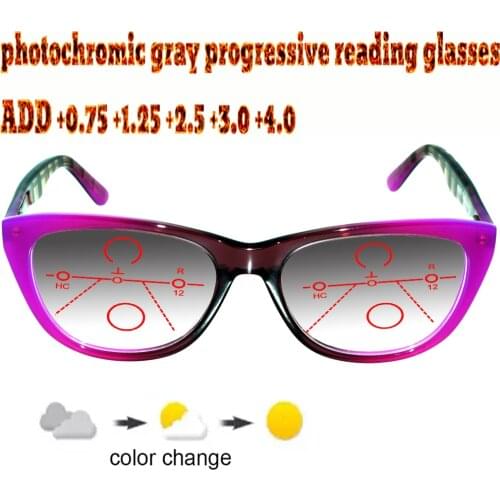 Photochromic Gray Progressive Multifocal Reading Glasses Women ladies Ultralight violet Frame+1 +1.5 +1.75 +2.0 +2.5 +3 +3.5 +4