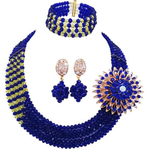 Stylish 5 rows strand necklace royal blue and yellow african wedding beads jewelry set