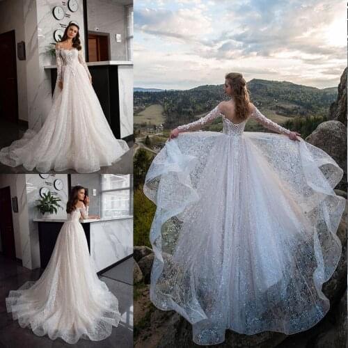 2021 Wedding Dresses Long Sleeves Lace-up Back Bridal Gowns Custom Made Lace Appliques Sequins Sweep Train A Line Wedding Dress