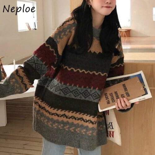 Neploe Vintage Print Sweater Women O Neck Pullover Long Sleeve Pull Femme Autumn Winter 2020 New Loose Sueter Warm Outwear