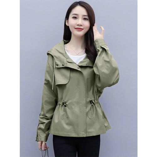 Khaki Hooded Windbreaker Womens Short Autumn 2020 New Korean Style Waist-Tucked Temperament Large Size Jacket Ladies Coat k1018