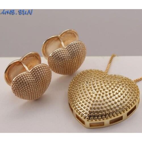 MHS.SUN Vintage Design Heart Necklace Earrings Gold Color Fashion Women Heart Pendants Girls Jewelry Set For Gift Party Trendy