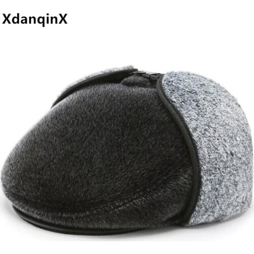 XdanqinX Middle-aged And Elderly Mens Winter Bomber Hats Thick Velvet Warm Cotton Hat For Men New Simple Dads Fur Earmuffs Cap