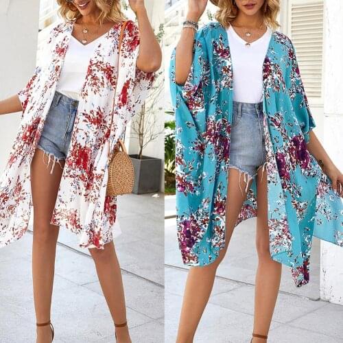 Women Floral Sun Protection Half Sleeve Loose Front Open Coverup Cardigan Blouse