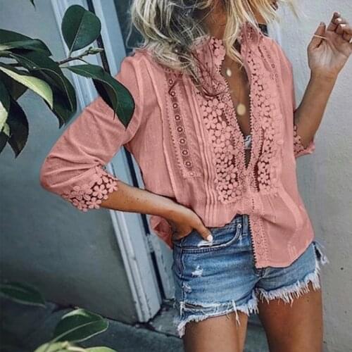 Lace Patchwork Hollow out Womens Shirts Long Sleeve O-Neck Single Breasted Female Shirt 2021 Spring Solid Casual Ladies Clothes