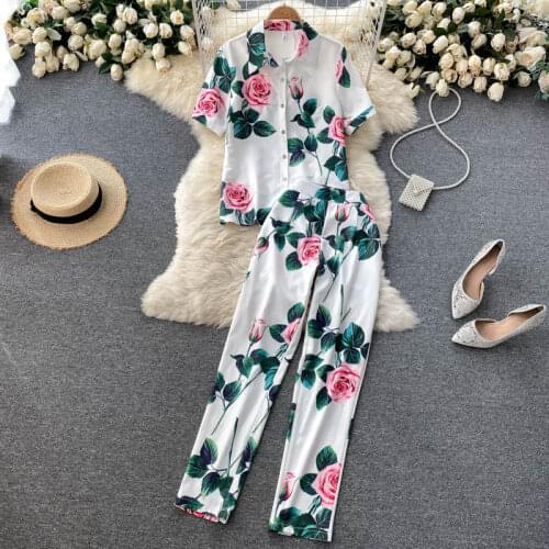Summer Women Short Sleeve Blouse Shirt + Pocket Long Pants Beach Pencil Trouser Elegant Rose Floral Print 2 Piece Sets 9131