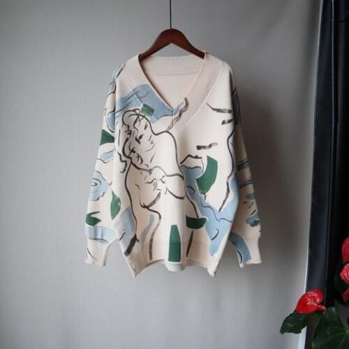 Printed long-sleeved V-neck sweater women 2021 fall/winter fashion new loose western style casual sweater