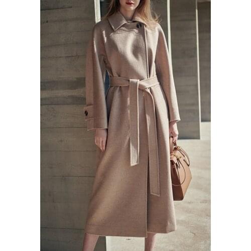 Oat water ripple double-sided cashmere coat womens medium and long high-end lace up wool coat womens autumn