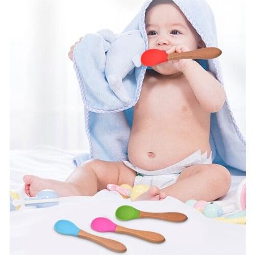 2Pcs/Set Baby Feeding Accessories Eco Friendly Wooden Handle Spoon ForK With Silicone Tips For Infant Self Feeding Free Shipping
