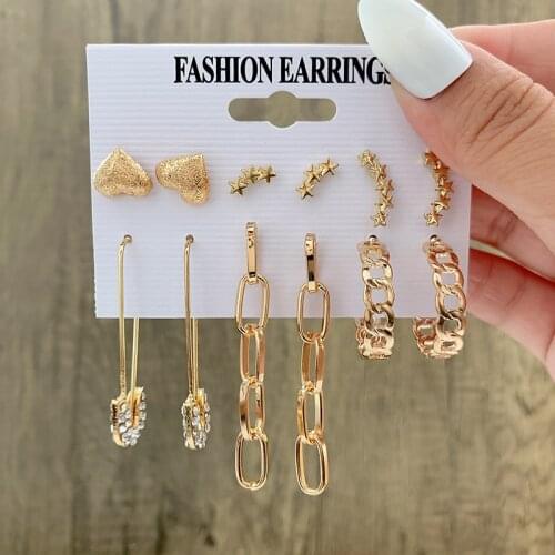 6Pcs/Set Fashion Rhinestone Geometric Gold Color Chain Drop Earrings Set For Women Simulated Pearl Circle Lock Earings Jewellery