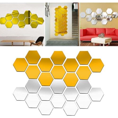 60Pcs 3D Hexagon Acrylic Mirror Wall Stickers DIY Wall Hexagon Silver 40x23mm