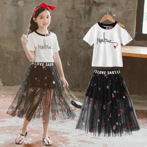 Kids Girls Summer Letter T-Shirt + Black Embroidery Skirt 2Pcs Clothes-Sets Children Clothes 10 12 Princess Wedding Party Suits