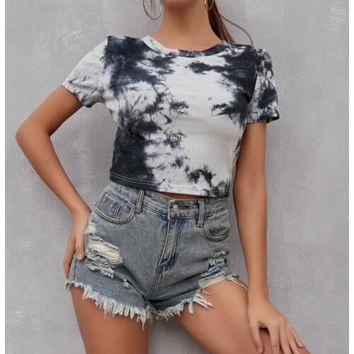 Sexy Tees Tops Womens Clothing Tops Tshirt Female Tie Dye Cropped T Shirts Cotton O-Neck Short Sleeve Pullover Femme Summer