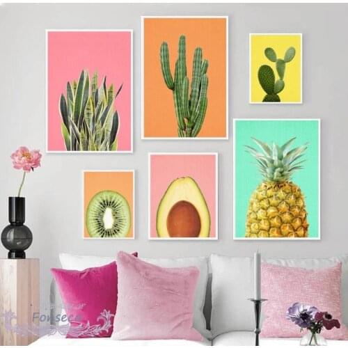 Fresh Fruit Pictures Wall Pineapple Avocado Kiwi Cactus Poster Modern Minimalist Canvas Painting for Living Room Kitchen Decor