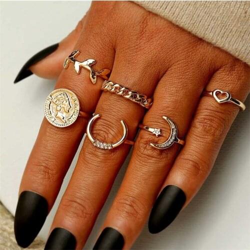 IFMIA Fashion Vintage Gold Color Crescent Star Moon Coin Finger Rings For Women Boho Leaf Heart Knuckle Ring Set Jewelry NEW