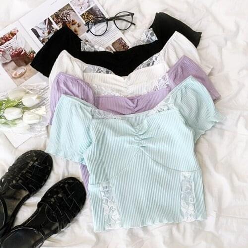 Sweet lace stitching design summer solid color square neck slimming short-sleeved T-shirt