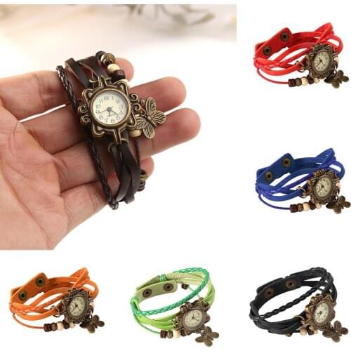 Fashion Popular Womens Retro Faux Leather Bracelet Butterfly Decoration Quartz Wrist Watch