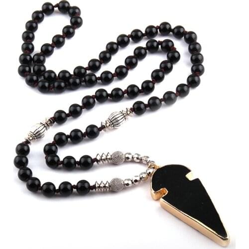 MOODPC Fashion Bohemian Tribal Artisan Jewelry Black Stone Knotted With Arrowhead Charm Pendant Women Necklace