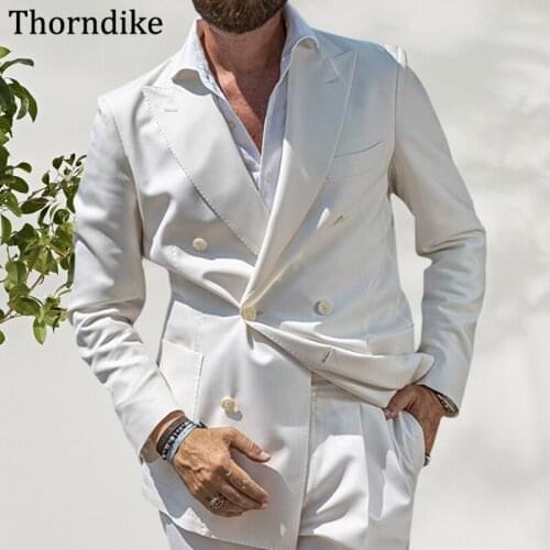 Thorndike 2021 White Mens Loose Suit,Solid Peaked Lapel Double Breasted Wedding Party Terno,Custom Made Two Pieces Groom Tuxedo