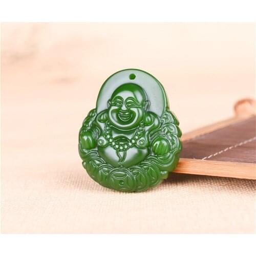 Natural Green Jade Money Buddha Pendant Necklace Chinese Carved Charm Jewellery Accessories Fashion Amulet for Men Women Gifts