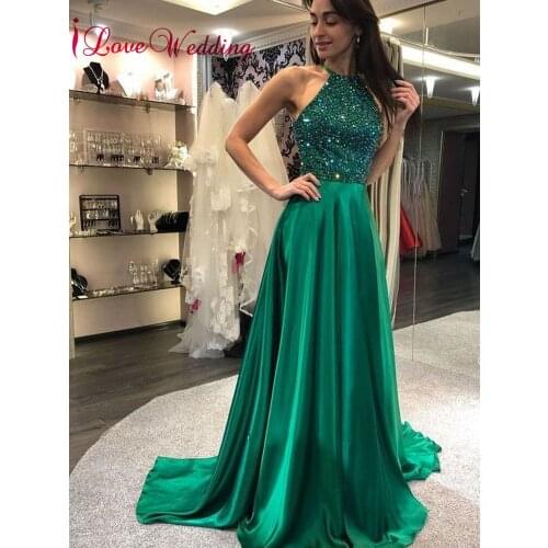 New Fashion Halter Heavy Beaded Custom made Reception Dress Formal Long Satin Prom Dresses Gown for Party