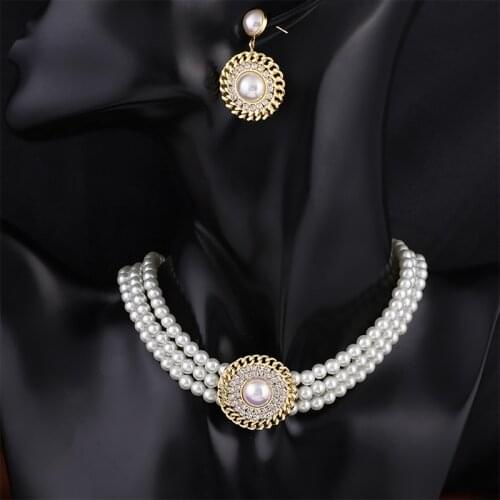 Elegant Multi Layer Imitation Pearl Choker Necklace and Earring Set Women Collares Crystal Bead Pendant Necklace Party Jewelry