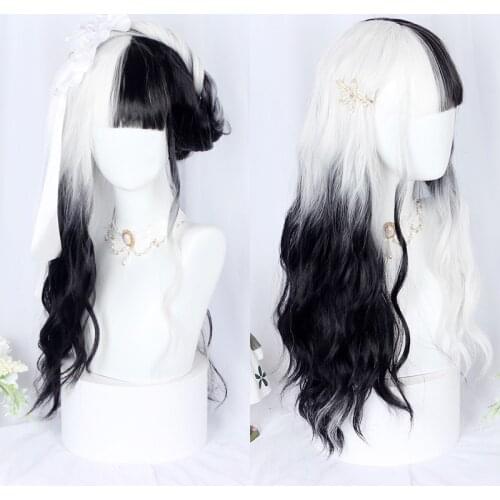 Black and White Color Matching Wig Water Ripple Long Curly Hair Wig Daily Anime Cosplay Wig Female High Temperature