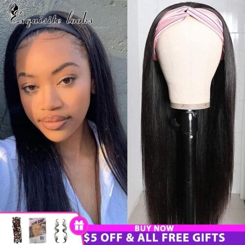 Headband Wig Human Hair Brazilian Straight Human Hair Wigs 150% Pre-Attached Remy Machine Made Wig For Black Women Scarf Wig