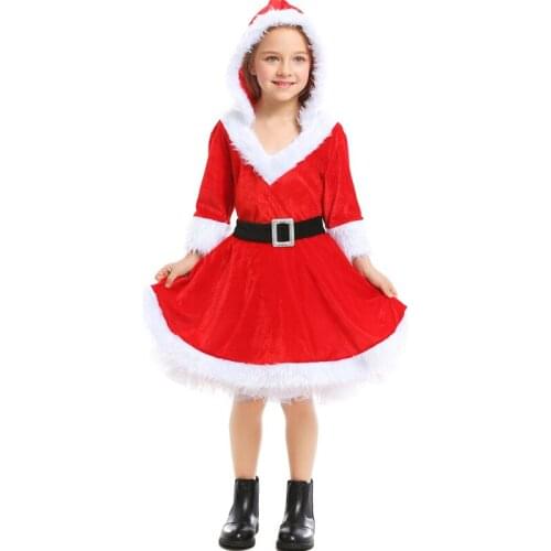 Girls Christmas Costumes Velvet Red V-neck Hooded Fluffy Dress Costumes For Christmas Party Costume