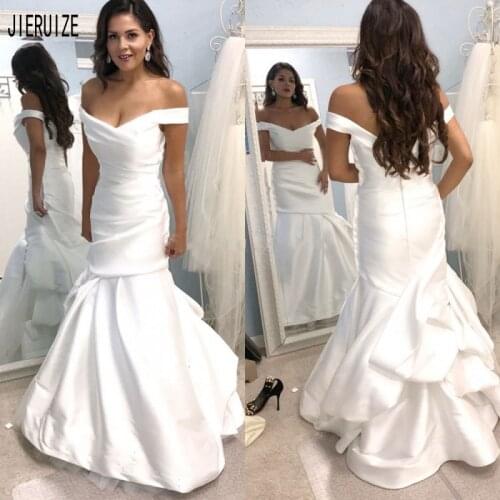 JIERUIZE Sexy Pleat Mermaid Wedding Dresses Off the Shoulder Zipper Back Satin Bridal Dresses robe de mariee Wedding Gowns