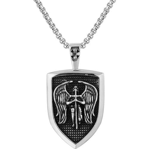 Vintage Religious Jewelry ARCHANGEL STMICHAEL PROTECT US Pendant Retro Holy Cross Angel Shield Mens Titanium Steel Necklaces