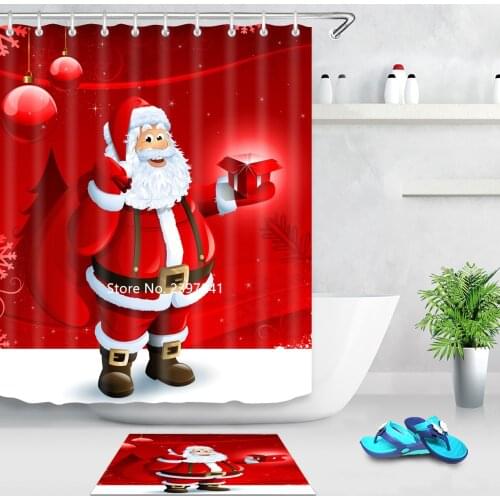 Red Santa Claus Christmas Tree Shower Curtain Bathroom Waterproof and Mildewproof Antique Brick Childrens Bathtub Decoration