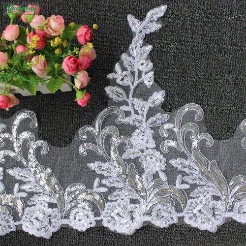 YACKALASI 5 Yds White Bridal Wedding Lace Fabrics Appliqued Scalloped Sequins 3D Flower Embroidered Sewing Trims For Dress 43cm