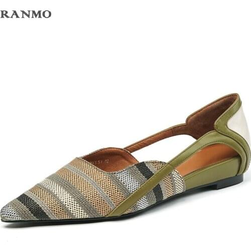 New Genuine Leather Womens Shoes Fashion Slip-On Spring/Autumn D'orsay Flat Shoes Pointed Toe Thick Heel Shoes Woman Size 34-40