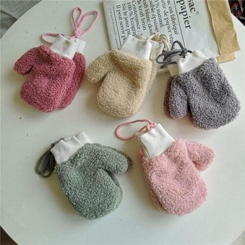 3-8y Winter Kids Gloves For Boys Girls Elastic Wrist Double Layer Warm Solid Fingerless Mitten DIY Hanging Children Plush Gloves