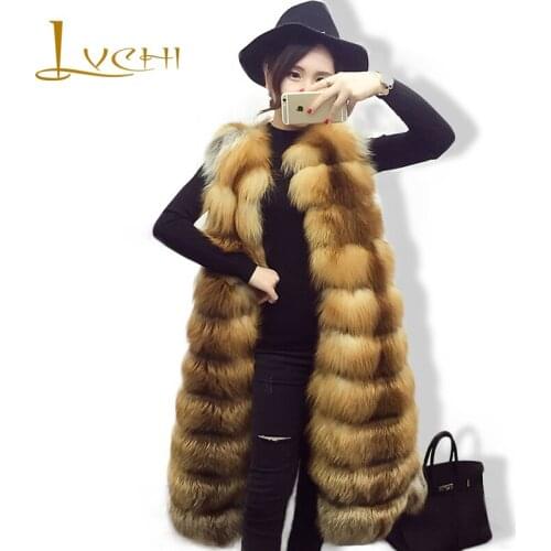 LVCHI Winter 2019 Fashion Long Vest Fox Women O Neck Real Fox Natural Yellow sleeveless Open Stitch Fox Fur coat