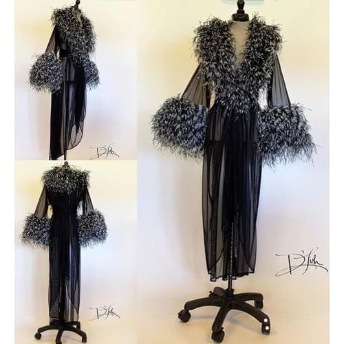 Womens Faux Fur Robe Black Kimono Pregnant Party Sleepwear Women V Neck Bathrobe Sheer Nightgown Prom Bridesmaid Shawel 2020