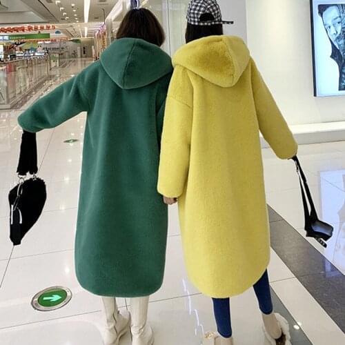 2020 New Korean Faux Fur Plush Coat Women Long Hooded Loose Thick Warm Woolen Jacket Simple Winter Overcoat Mujer Abrigos y1042