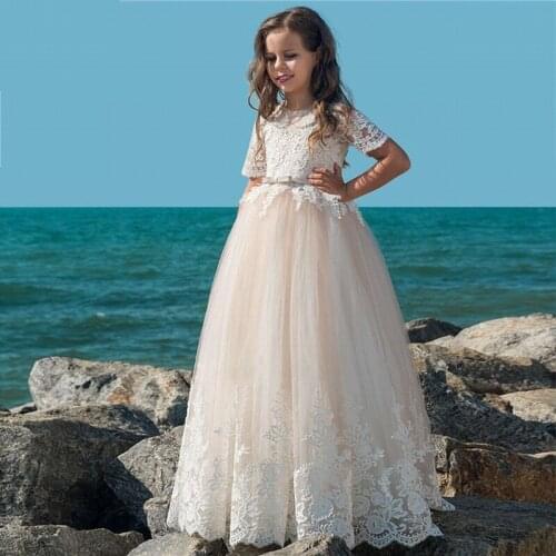 Champagne Half Sleeve Flower Girls Dresses For Wedding Elegant Lace Applique A Line Girls Gowns With Waistband Custom