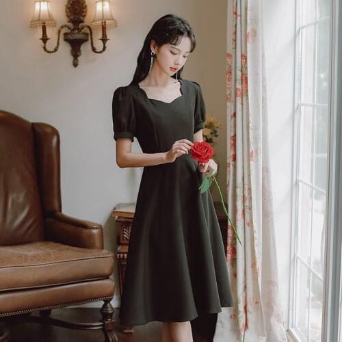 Womens Summer 2021 Elegant Red Temperament Dress Wave Square Neck Fashion Chic Robe Femme Retro Dress Vestidos