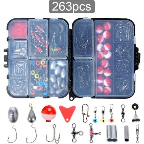 263pcs Rock Sea Fishing Float Kit Including Crank Treble Hooks Snaps Rolling Swivel Beads Sinker Weights Barrel Crimping Sleeves