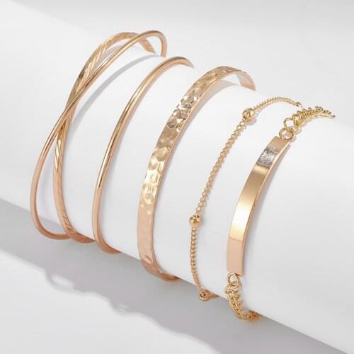 5 Pcs Fashion Gold Open Bangle Set Metal Beads Wave Pattern Cuff Bangle Bracelet Charm Women Adjustable Bangle Jewelry Gift