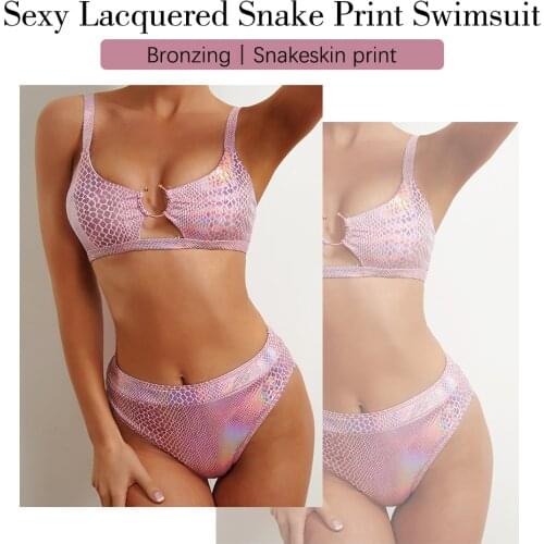 Women High Waisted Bikini Ring Sexy Bronzing Snakeskin Print Swimwear Brazilian 2 Piece Swimsuits Hollow Out Biquinis Feminino