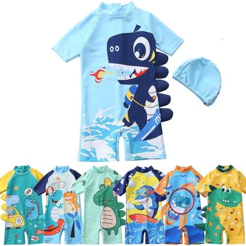 Childrens Swimsuit Boys One Piece with Hat Dinosaur Shark Kids Beach Surf Wear Toddler Baby Swimsuit Swimming Bathing Suits Boy
