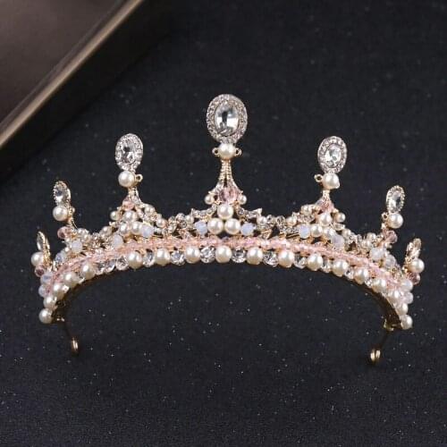 Gold Bridal Wedding Hair Accessories Pearl Pink Crystal Tiaras And Crowns Handmade Queen Princess Diadems Women Jewelry BN