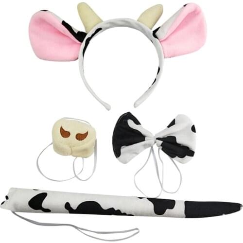 Toddler Kids 4Pcs Cartoon Animal Cosplay Costume Accessories Set Cow Horn Ears Headband with Plush Tail Bow Tie Nose Halloween P