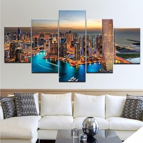 Dubai Building Sunset 5 Pieces Diamond Embroidery Full Square Round Diamond Painting Multi-Panel,Port Landscape,Wall Art