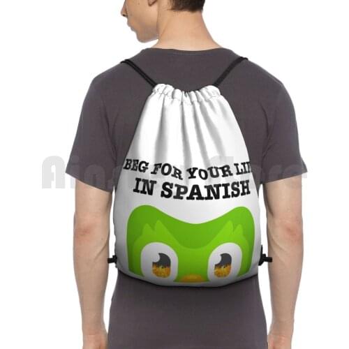 Duolingo Bird Funny Backpack Drawstring Bag Riding Climbing Gym Bag Duolingo Bird Meme Funny Death Humour Spanish Relatable