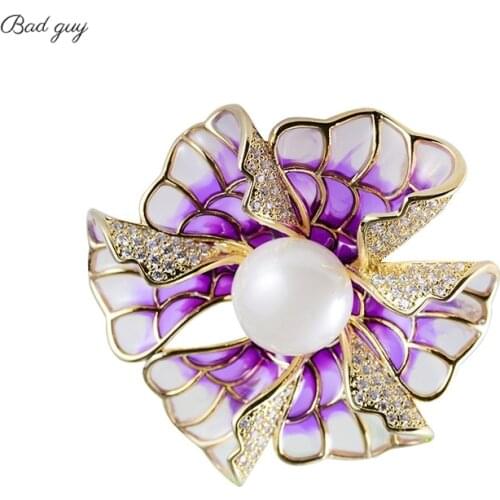 Bad Guy Zicon Enamel Brooches Purple Flower Pearl Jewelry Pin for Womens Clothes Scarf Buckle Garment Accessories Pins Gift